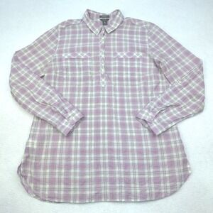 Eddie Bauer Top Womens Large Lavendar Purple Plaid Henley Crinkle Fabric